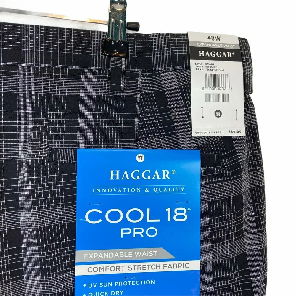 Haggar Chino Shorts Men's Black Cool 18 Pro Pinstripe Plaid Flat Front Sz 48 W